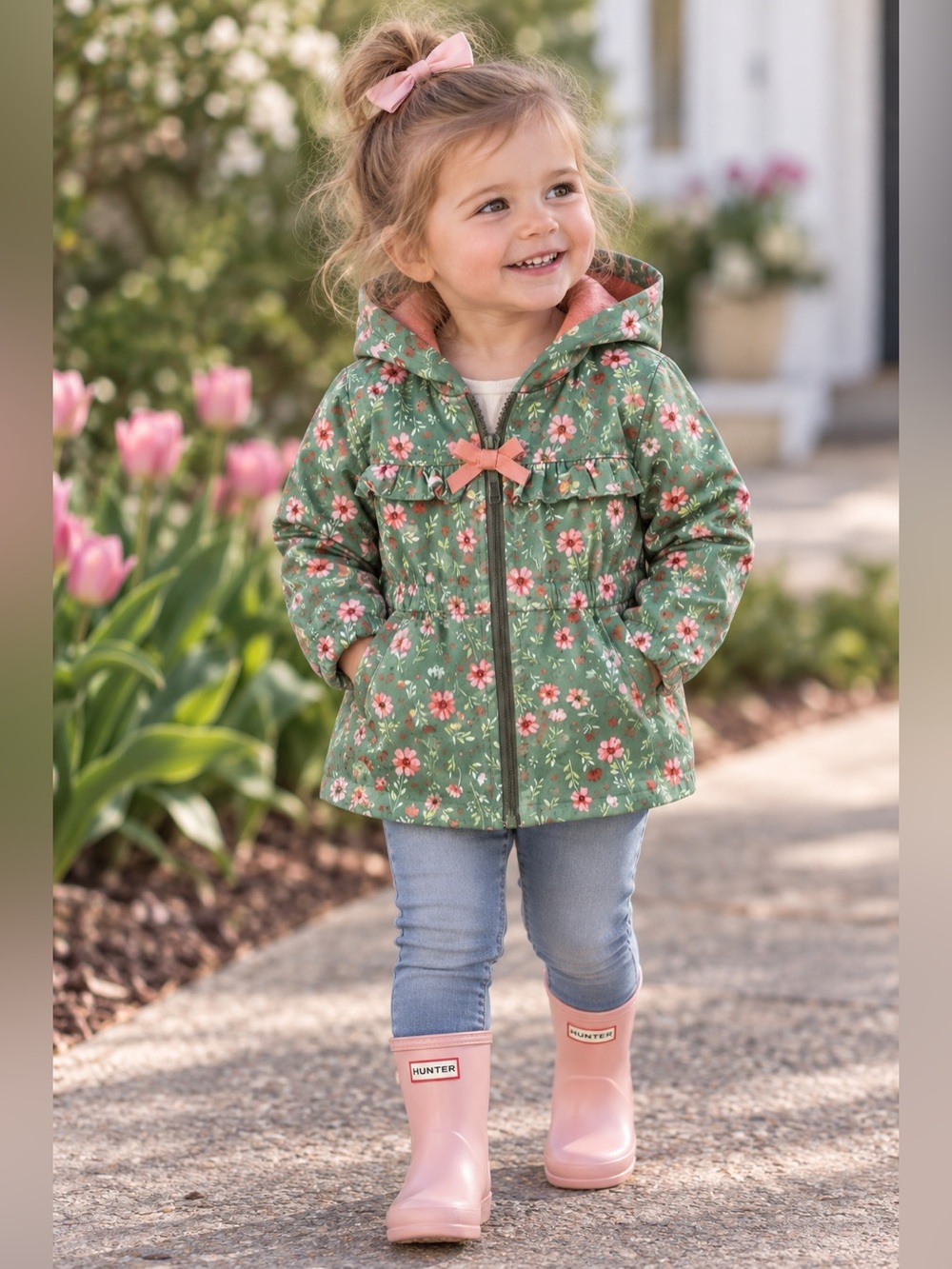 Little Lass Girls Sage Green Floral Hooded Jacket Ruffle Bow 24M